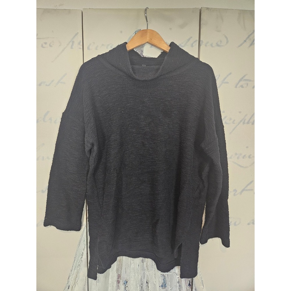 Eileen Fisher Black Cotton Boucle Funnel Neck Tunic Sweater Womens Medium